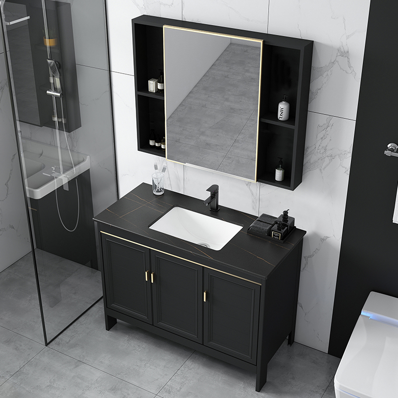Black floor-standing modern minimalist rock slab bathroom cabinet combination washstand washbasin integrated bathroom washstand
