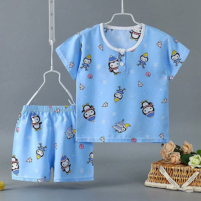 Mùa hè đồ ngủ baby trẻ em từ 0 cotton lụa mỏng 1 2 tay áo ngắn 3 bé trai và bé gái 4 tuổi bé 5 bông nhân tạo womens kho báu bộ.