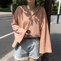  Thin long-sleeved t-shirt womens early autumn 2021 new Korean student drawstring loose all-match hooded top clothing trend