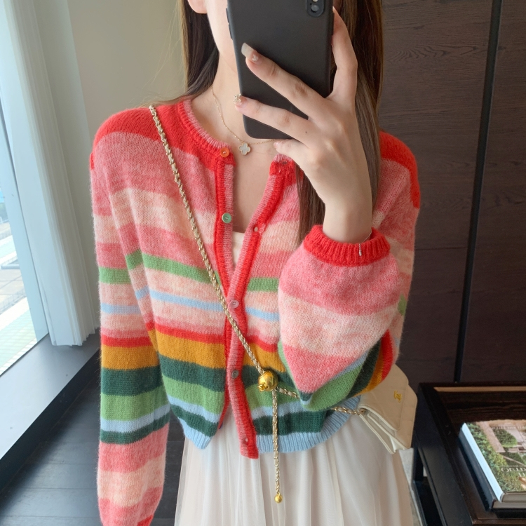 French-Style Early Autumn Mohair Wool Colorful Rainbow Striped Stylish Knitted Cardigan Long-Sleeve Top Sweater Coat for Women