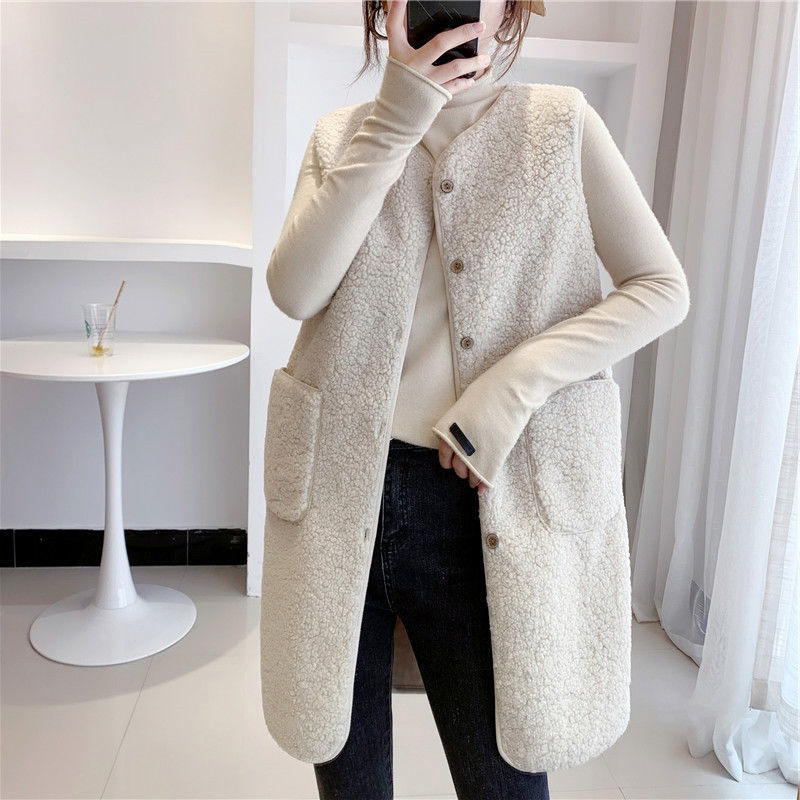 Plus Size 150kg Lamb Wool Mid-Length Vest for Women, Autumn and Winter, Casual Round Neck, Loose Fit, Thickened Fleece 240 Coat