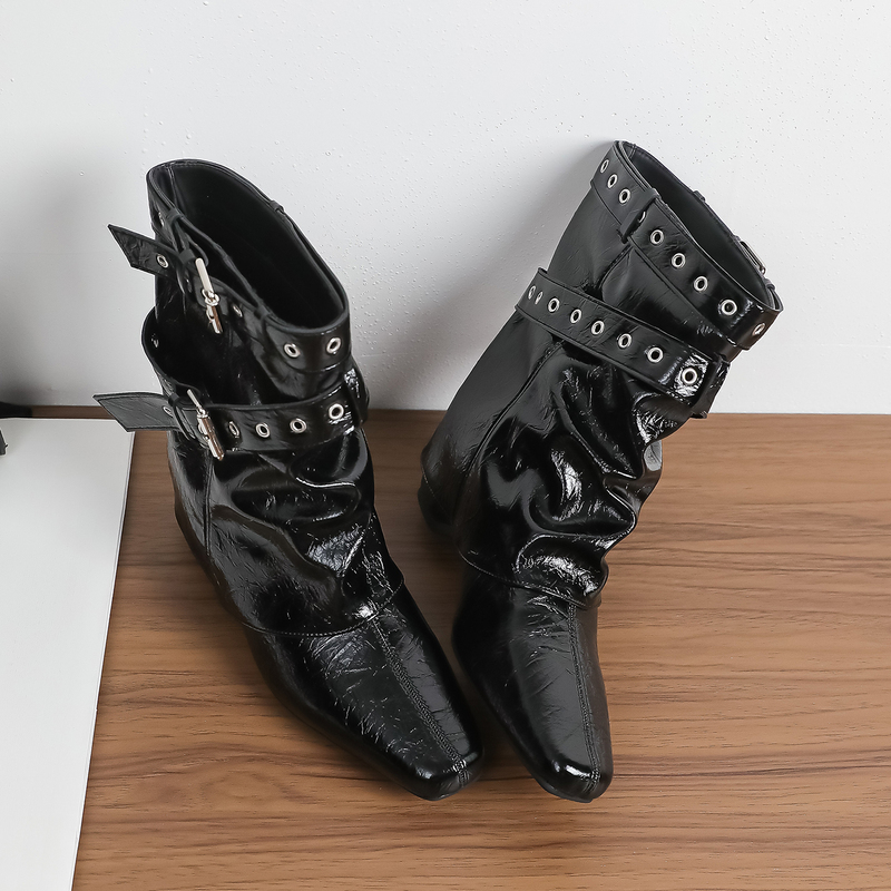 Genuine Leather Short Fashion Boots for Women, New Autumn and Winter Style, Versatile Black Pointed Toe Belt Buckle Booties, Height-Increasing Chunky Heel Short Boots