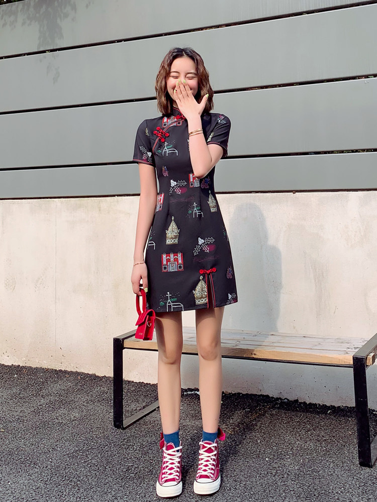 2021 new black cheongsam young girl Chinese style slim-fit modified version dress small summer