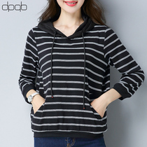 dpqb2021 Autumn New hooded cross-striped long sleeve T-shirt womens casual loose size autumn top womens wear