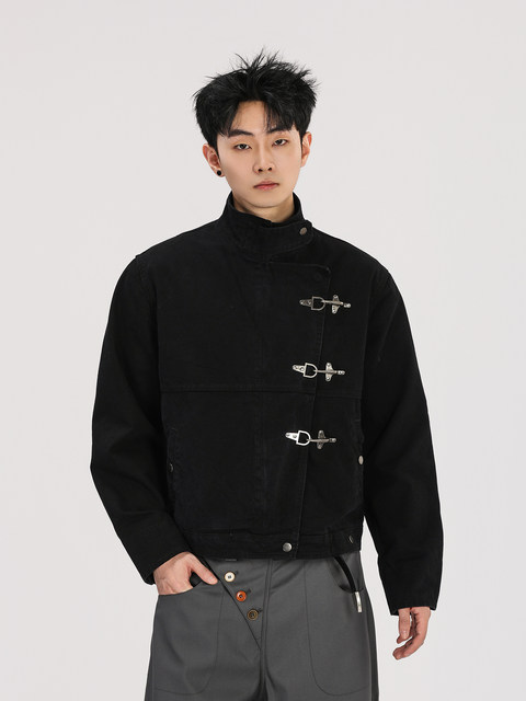 A Carton Vintage-Style Airplane Buckle Stand-Up Collar Jacket for Men and Women, American Retro Vintage Short Wide Workwear Jacket, Trendy