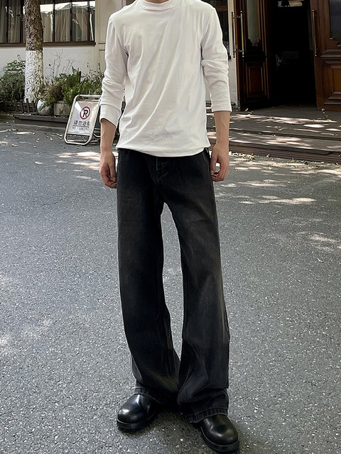 A Carton American-Style Washed Black and Gray Distressed Slim-Fit Versatile Straight-Leg Loose Wide-Leg Jeans Casual Long Pants Trendy