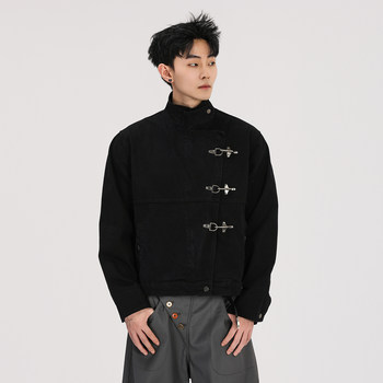 A Carton Vintage-Style Airplane Buckle Stand-Up Collar Jacket for Men and Women, American Retro Vintage Short Wide Workwear Jacket, Trendy