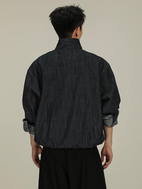 A Carton American-Style Original Denim Faux Two-Piece V-Neck Jacket, Loose Fit, Unisex Pullover Design, Stand Collar, Thin Coat, Trendy