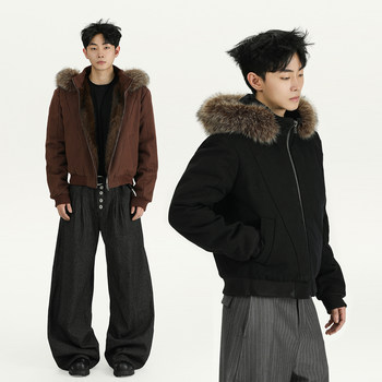 A Carton American-Style Workwear Warm Hooded down Jacket for Men and Women, High-End Casual Fur Collar Jacket, Trendy