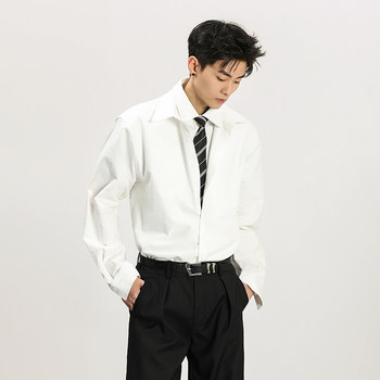 A Carton American-Style Cool Solid Color Fake Two-Piece Long-Sleeve Shirt for Men, Simple Design, Lazy Casual Shirt for Women