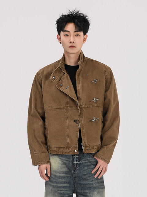 A Carton Vintage-Style Airplane Buckle Stand-Up Collar Jacket for Men and Women, American Retro Vintage Short Wide Workwear Jacket, Trendy