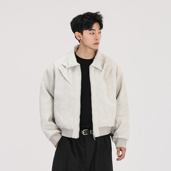 A Carton American-Style Pleated Short Jacket for Men and Women, Boxy Fit, High-End Lapel Casual Woolen Jacket, Trendy