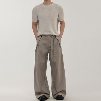 A Carton American-Style Linen-Textured Loose Casual Trousers for Men and Women, Tr Blend, Commuter Double-Pleat Design Long Pants