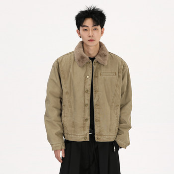 A Carton American Retro Bomber Old Money Style Lapel Jacket Cotton-Padded Fleece Boxy Short Workwear Coat Trendy
