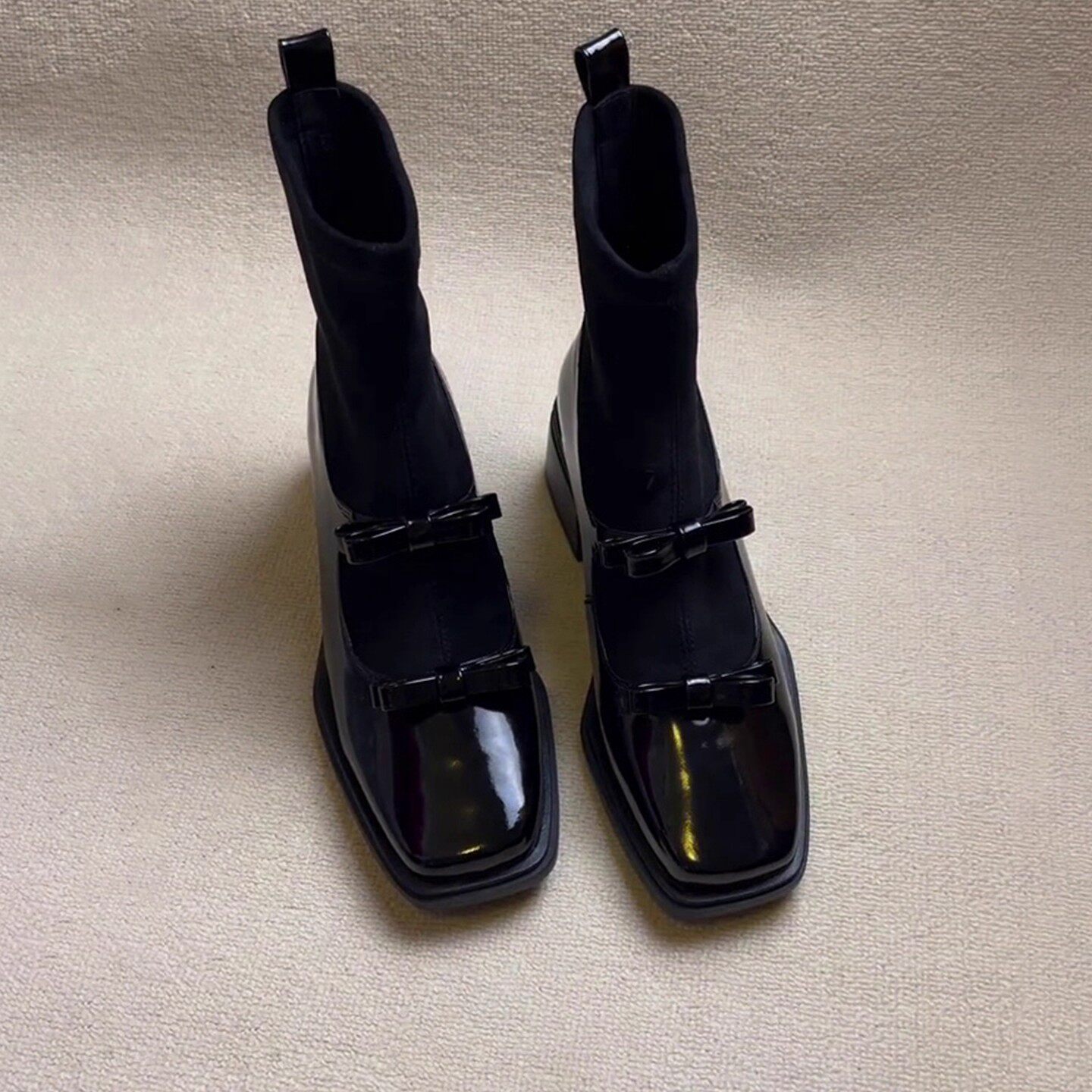 2025 Autumn and Winter Square-Toe Retro Bow Elastic Slim Boots Patchwork Mary Jane Sock Boots Slimming Chunky Heel Short Boots for Women