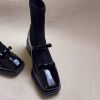 2025 Autumn and Winter Square-Toe Retro Bow Elastic Slim Boots Patchwork Mary Jane Sock Boots Slimming Chunky Heel Short Boots for Women