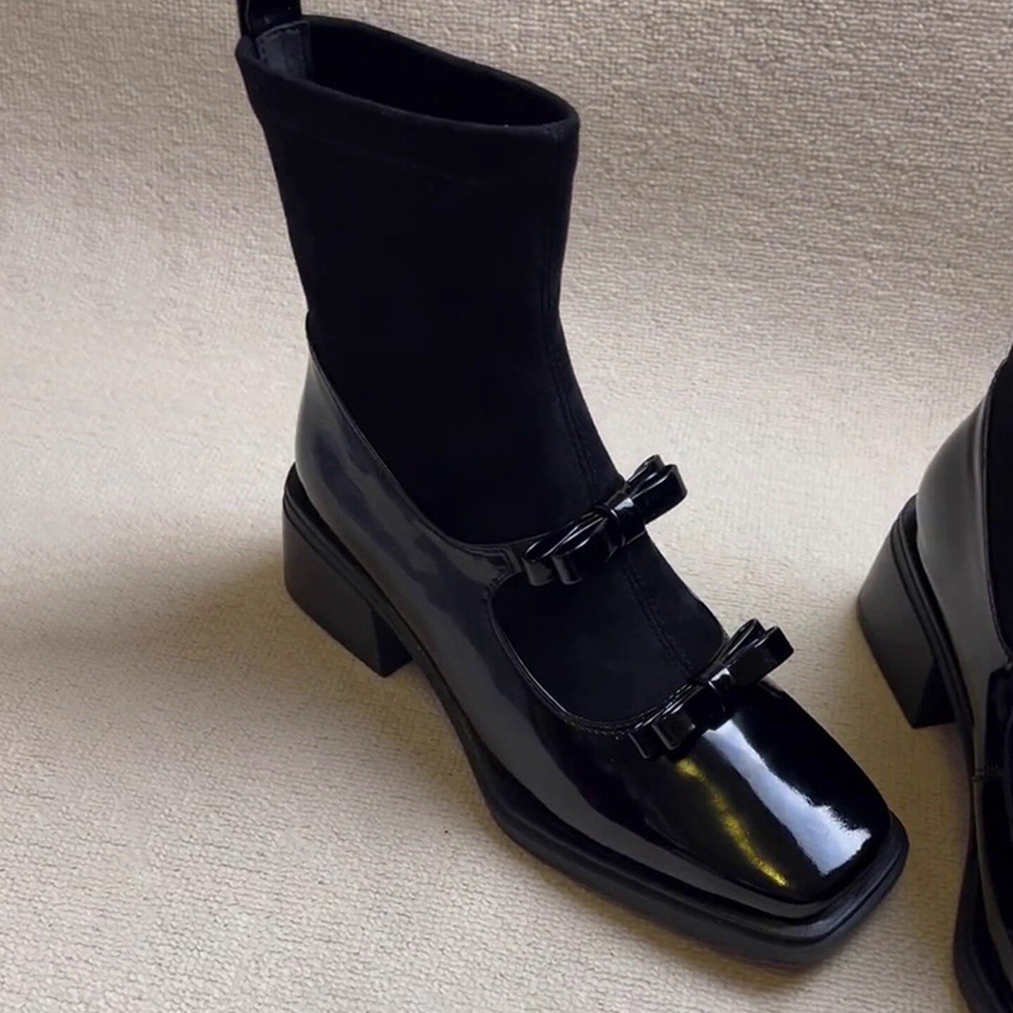 2025 Autumn and Winter Square-Toe Retro Bow Elastic Slim Boots Patchwork Mary Jane Sock Boots Slimming Chunky Heel Short Boots for Women