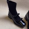2025 Autumn and Winter Square-Toe Retro Bow Elastic Slim Boots Patchwork Mary Jane Sock Boots Slimming Chunky Heel Short Boots for Women