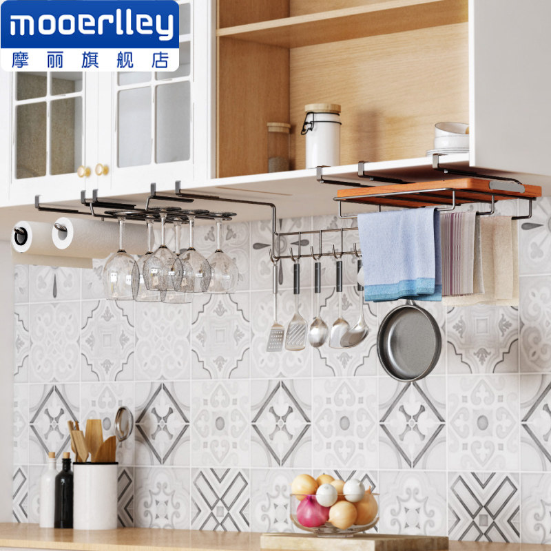 Hole-free kitchen overall cabinet rack 304 stainless steel hook hanging chopping board spatula rack spoon paper towel hanging cup