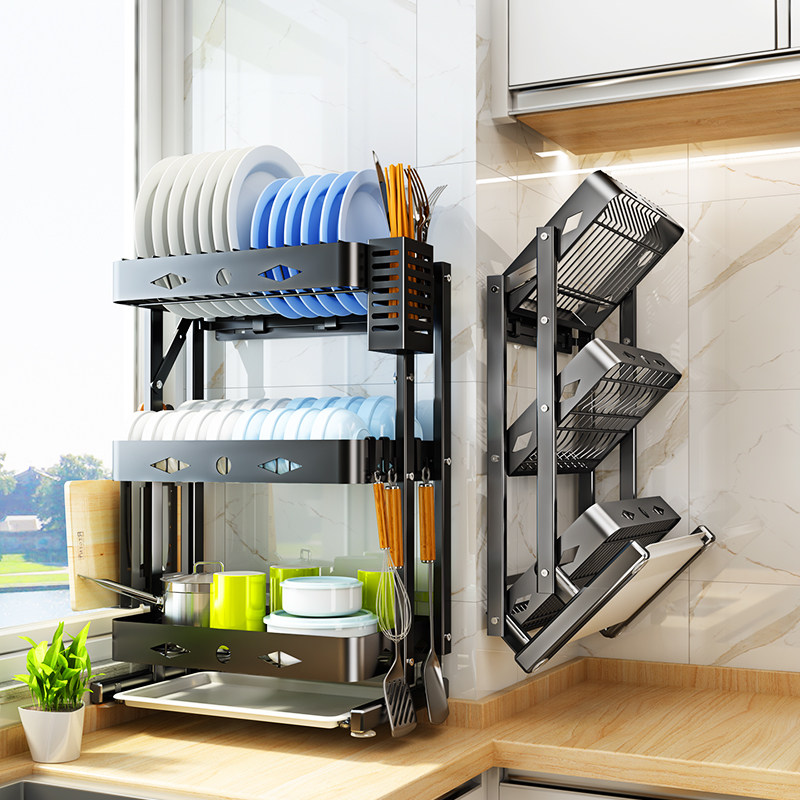 Installation-free kitchen dish racks countertops folding dishes storage racks free punching wall hanging tableware draining racks