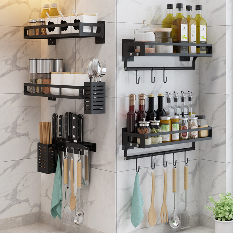 Black Stainless Steel Kitchen Shelving wall-mounted Punched Free Seasonings Rack Pan Saucepan Lid Wall Containing Deck