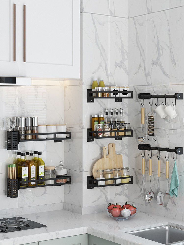 Non-perforated stainless steel kitchen shelf Wall-mounted wall-mounted flavor storage shelf Seasoning tank shelf Chopstick hanger