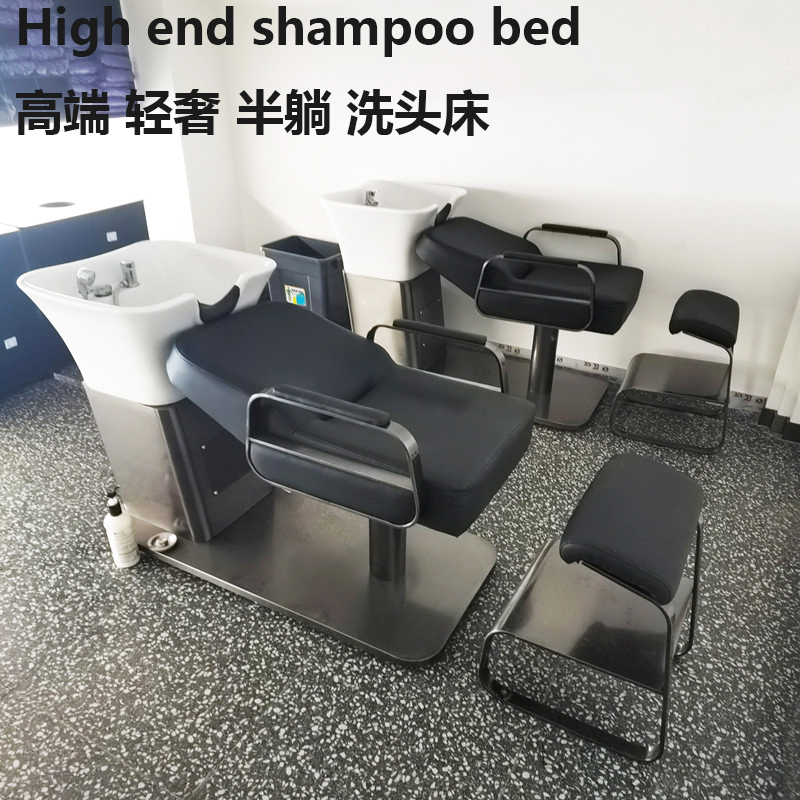 High-end Minimalist Day Style Hairdresse Shop Ceramic Deep Basin Shampoon Bed Hair Salon Special Beauty Hair Half Lying Stainless Steel Flush Bed