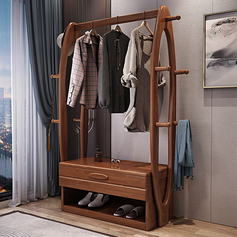 Solid wood coat rack floor hanger bedroom simple new Chinese style with drawer storage multifunctional clothes hanger