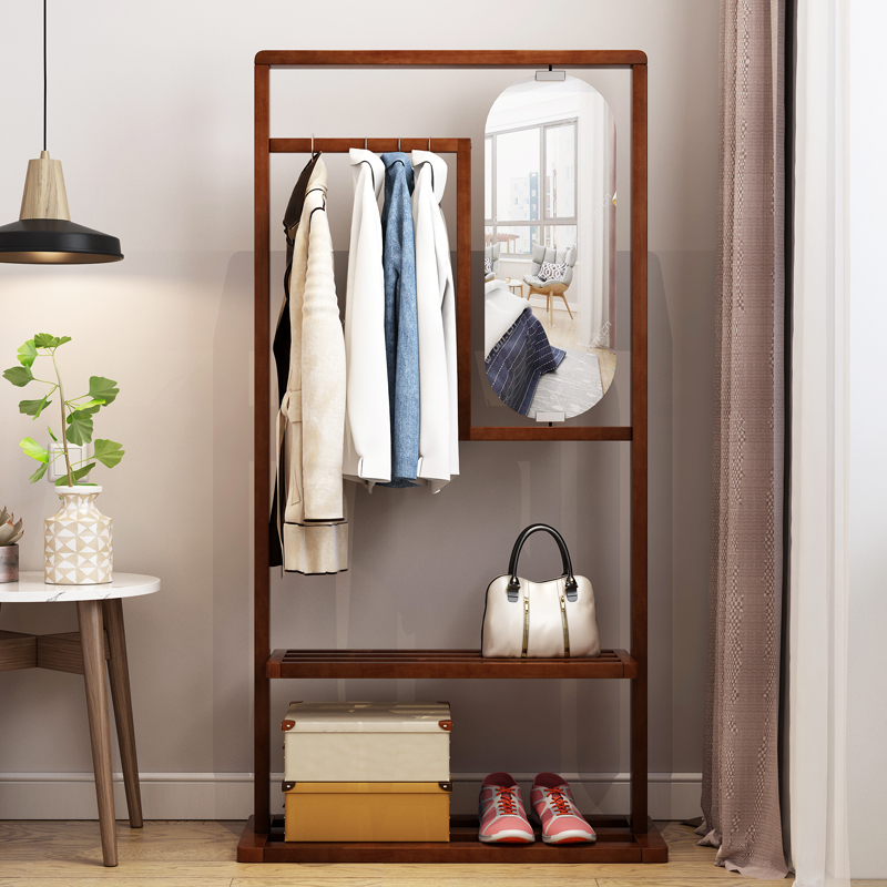 Creative multi-functional solid wood hanger frame landing mirror clothes with mirror coat rack bedroom hanging clothes provincial space