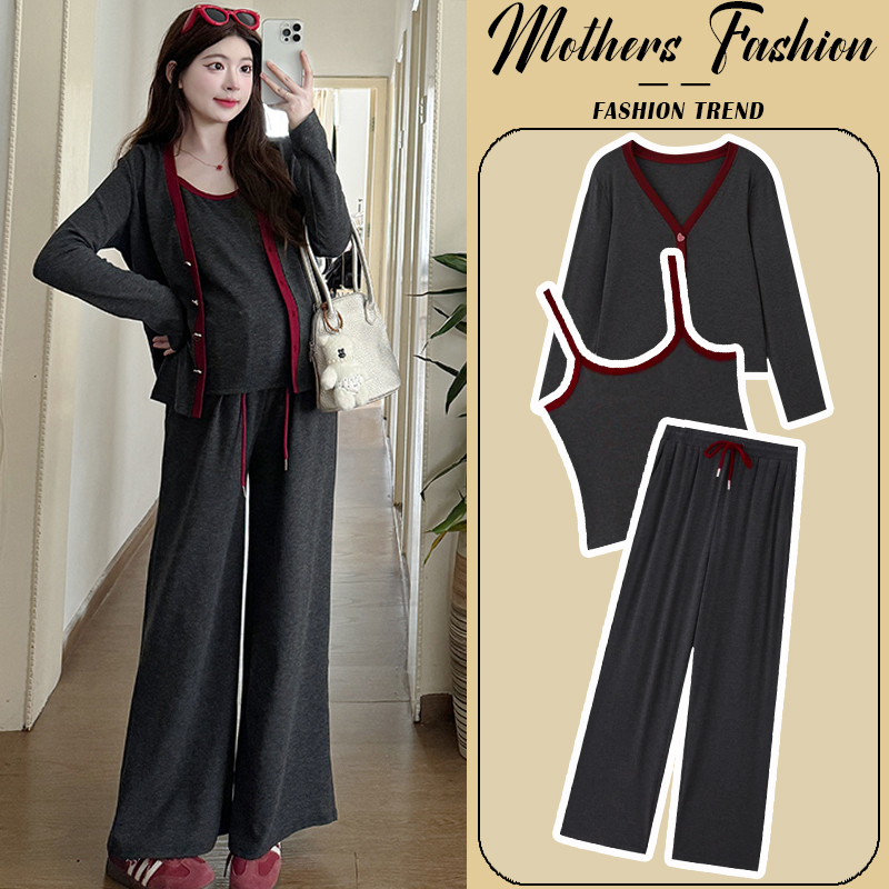 Maternity Suit Spring and Autumn 2026 New Korean Style Lazy Style Long-Sleeved Gray Jacket Camisole Top Pants Three-Piece Set