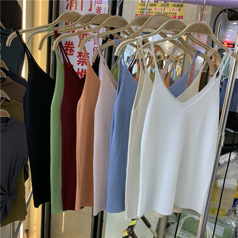 Ice silk knitted bottoming camisole vest 2022 summer new women's solid color thin shoulder strap V-neck inner top