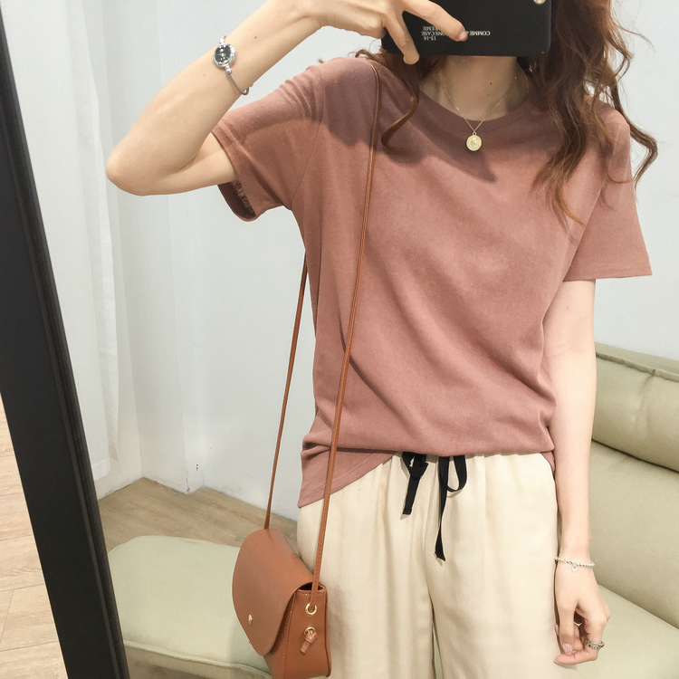 Korean linen loose thin T-shirt regular round neck fashion women's personality playful cotton short-sleeved solid color casual wild