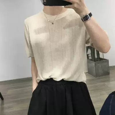 Korea loose base Ice Silk short sleeve color striped sweater round neck bottomed Half sleeve T-shirt female thin T-shirt