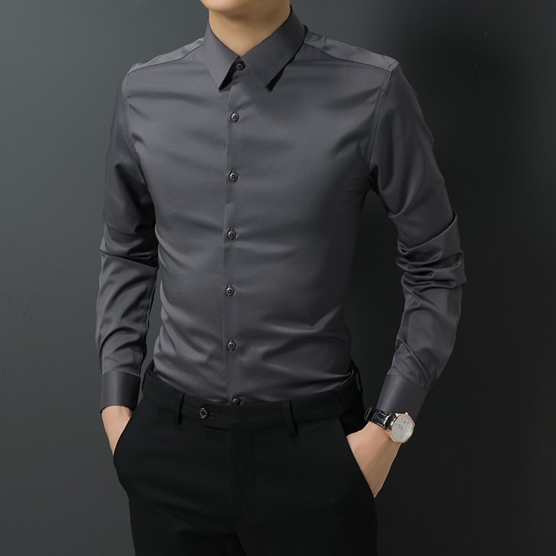 Spring Autumn Free Ironing Pure Color Shirt Male long sleeves Casual Business Work Light Luxury Men Career Positive Dress Shirt
