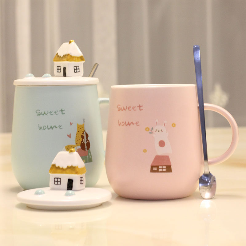 Couple cup creative cute super cute large capacity water cup mug with lid spoon household milk coffee ceramic cup