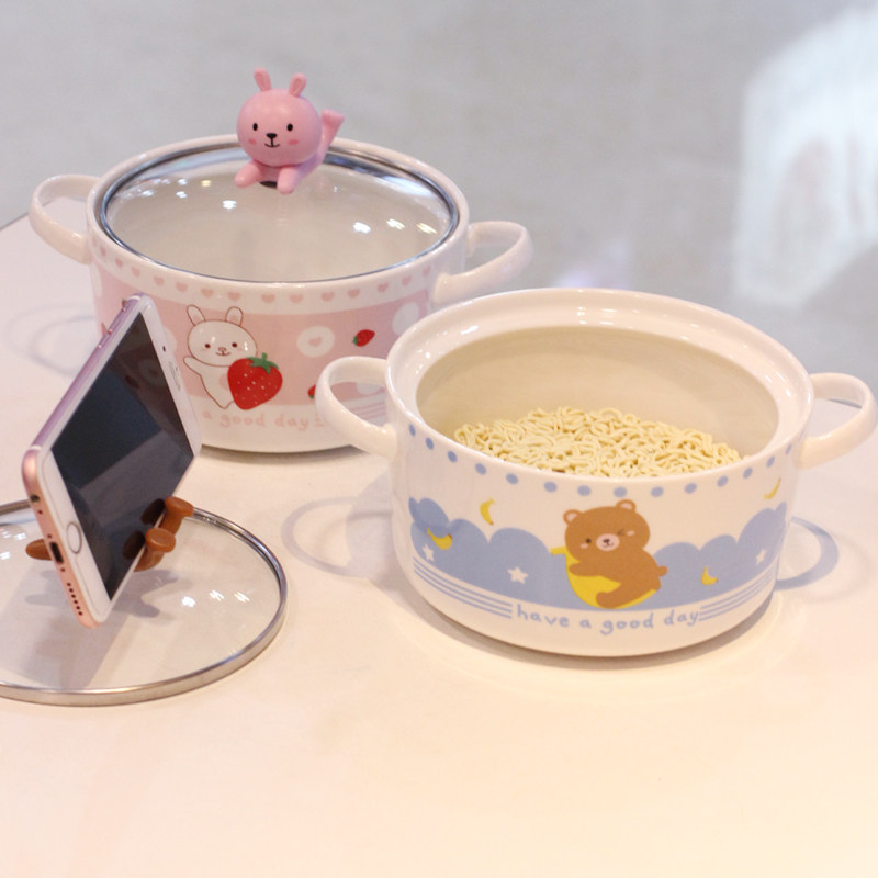 Cute dormitory instant noodle bowl with lid ceramic large binaural soup bowl instant noodle bowl set Japanese student tableware