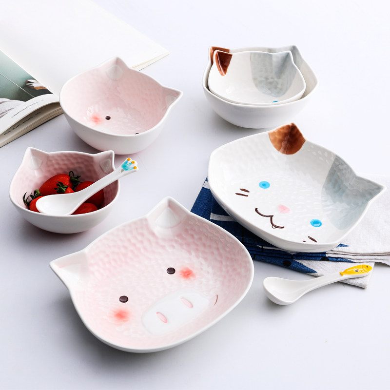 Girly dish tableware set cute bowl home breakfast plate piggy ceramic salad bowl rice bowl spoon