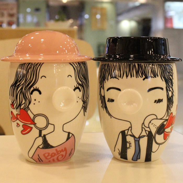 Cartoon ceramic mug toot mouth cup with cover creative ceramic mug couple water cup wedding gift cup
