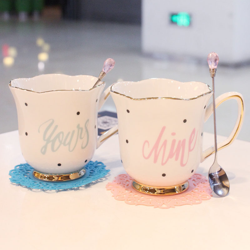 Creative European coffee cup flower tea cup set ceramic mug with spoon couple water cup gold trend water cup