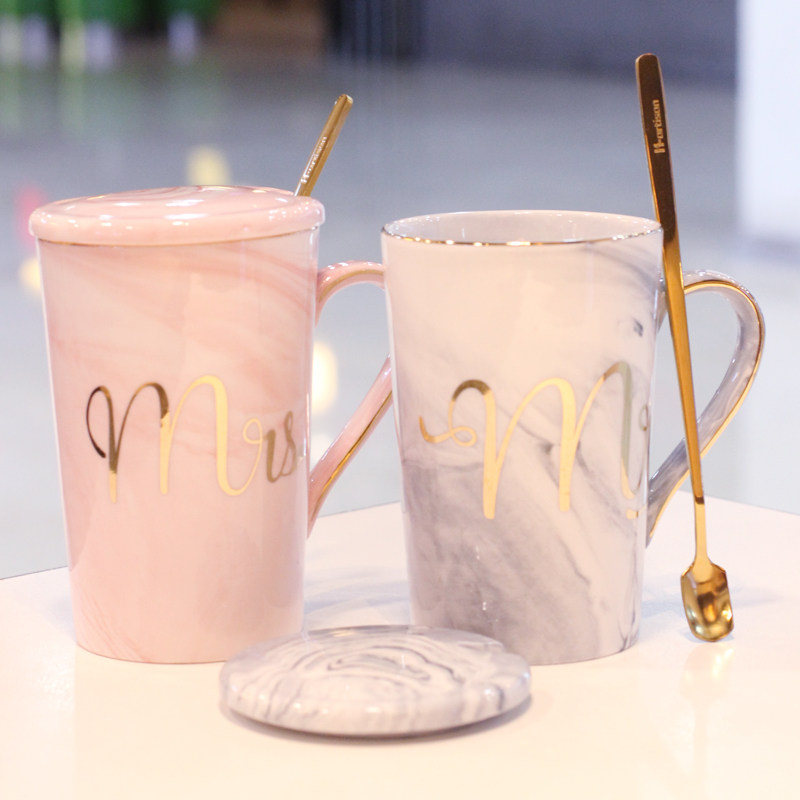 Creative Trend Marble Pattern Phnom Penh Ceramic Mug with Lid Spoon Office Cup Couple Breakfast Coffee Cup