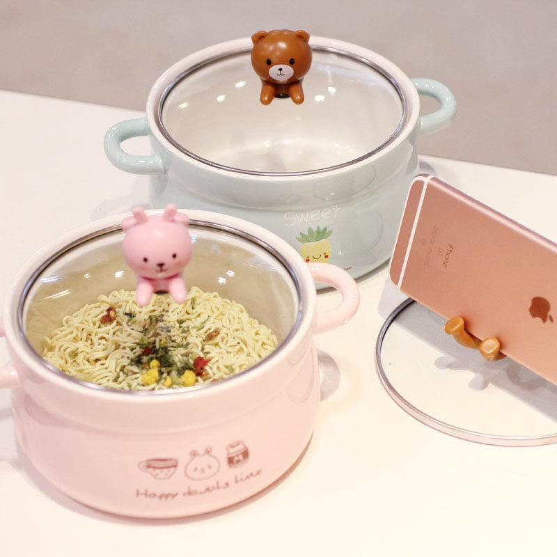 Japanese-style cartoon large bubble bowl with double-ear ceramic bowl cute pupil jobs bowl soup dishwasher kit
