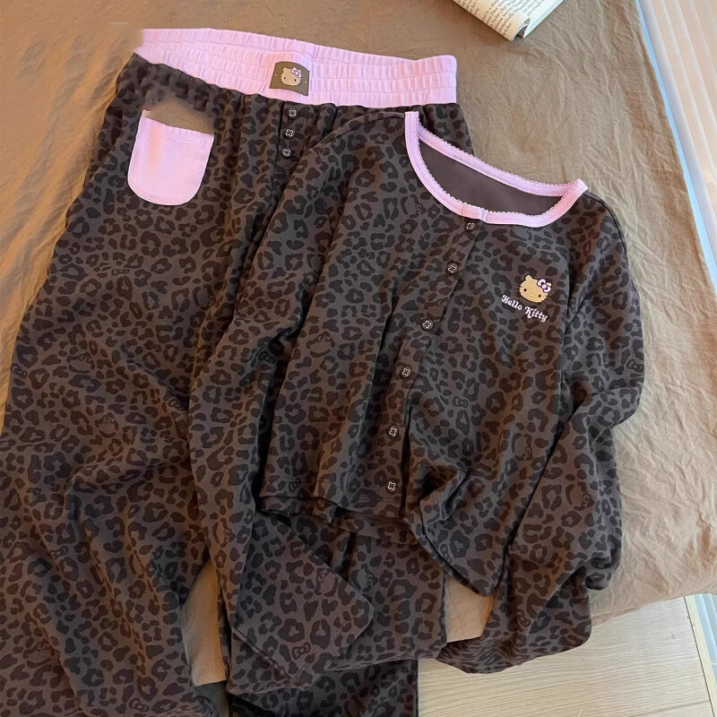 Fenperate French Accessible Luxury Leopard Print Hello Kitty Pajamas for Women 2026 Spring Round Neck Home Wear Set