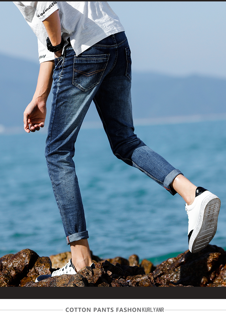 Phiên bản Hàn Quốc của quần jean nam co giãn mùa hè quần nam chân mỏng quần nam lỗ chân trẻ sinh viên quần quần - Quần jean quần sooc
