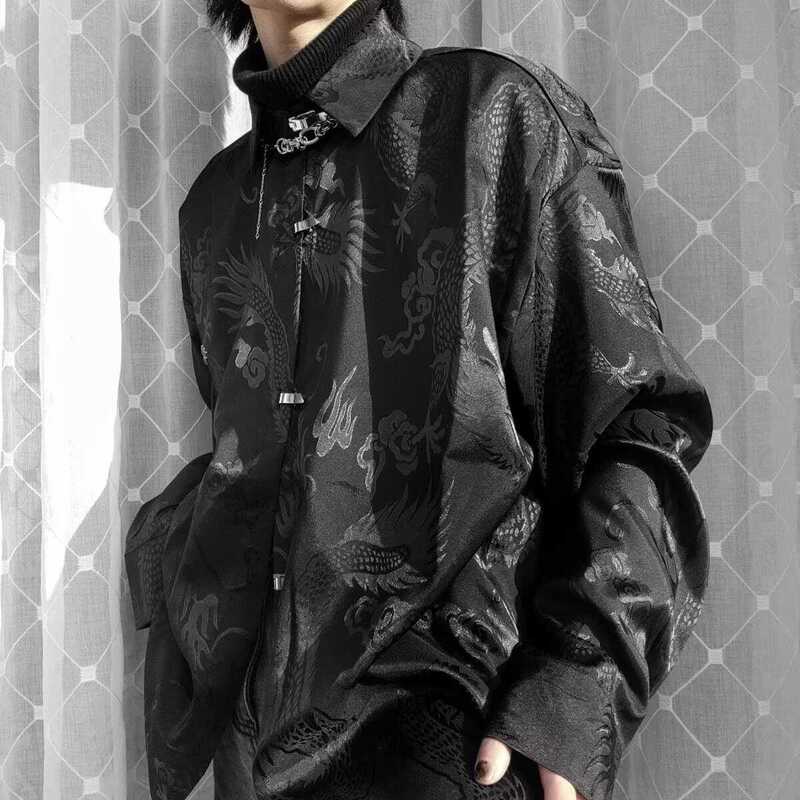 New Chinese-Style Dragon Pattern Jacquard Mercerized Wrinkle-Free Metal Button Dark Minimalist Loose Shirt Unisex Jacket Chinese Style New Chinese-Style Dragon Pattern Jacquard Mercerized Wrinkle-Free Metal Button Dark Minimalist Loose Shirt Unisex Jacket Chinese Style