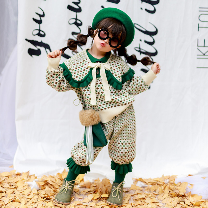 Small Honey Candy Child Clothing Autumn Winter Children Green Horse Chia Foreign Pie Trendy Korean Teal Baby Blouse Girl Suit Winter Dress Cute