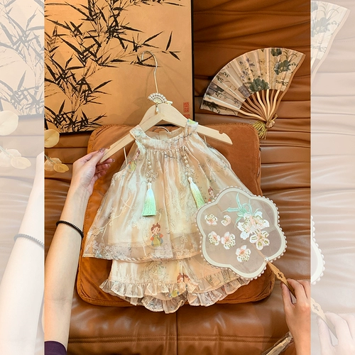 小沐沐 Комплект, летняя летняя одежда, майка, детские шорты, в западном стиле