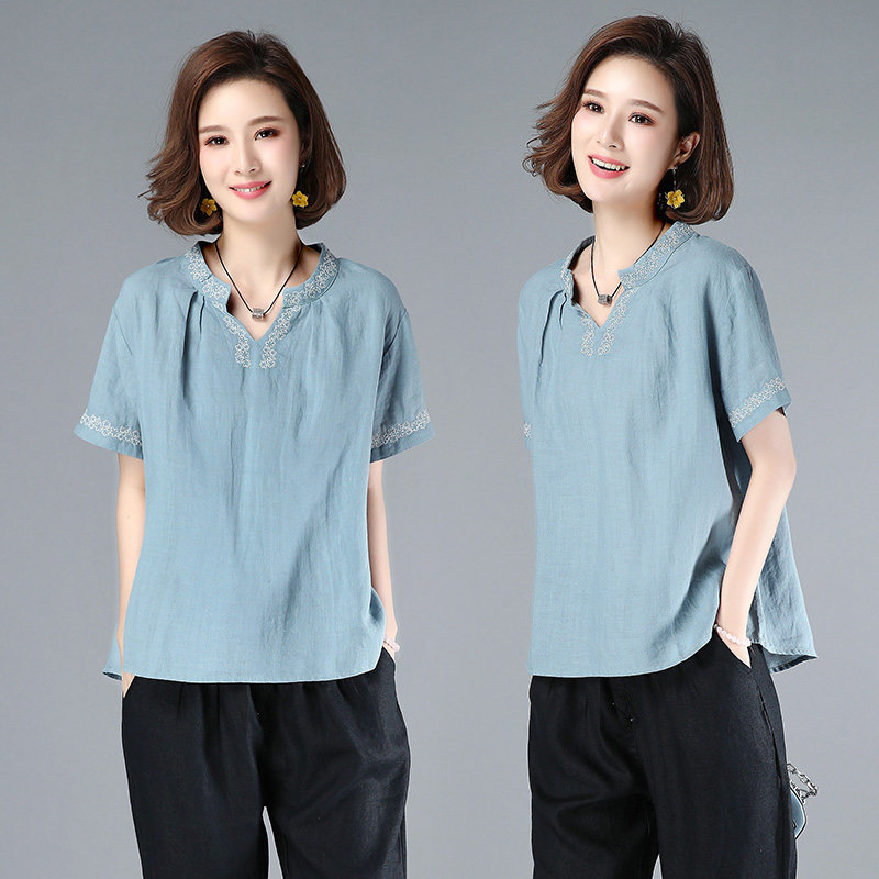 Mom short-sleeved t-shirt women's linen 2021 summer new 40-year-old middle-aged summer top women's loose small shirt