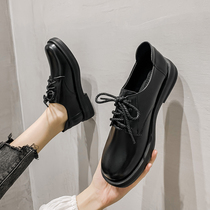 British style womens shoes soft leather black small leather shoes autumn flat all-match professional small black shoes thick bottom lace-up work shoes