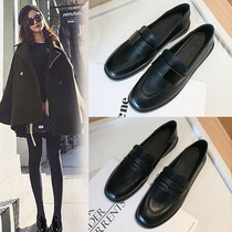 Loafers female British style black flat small leather shoes autumn and winter soft bottom beanie single shoes plus velvet small black professional work