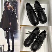 Black small leather shoes womens British style thick-soled autumn and winter lace-up single shoes plus velvet professional work shoes flat small black shoes
